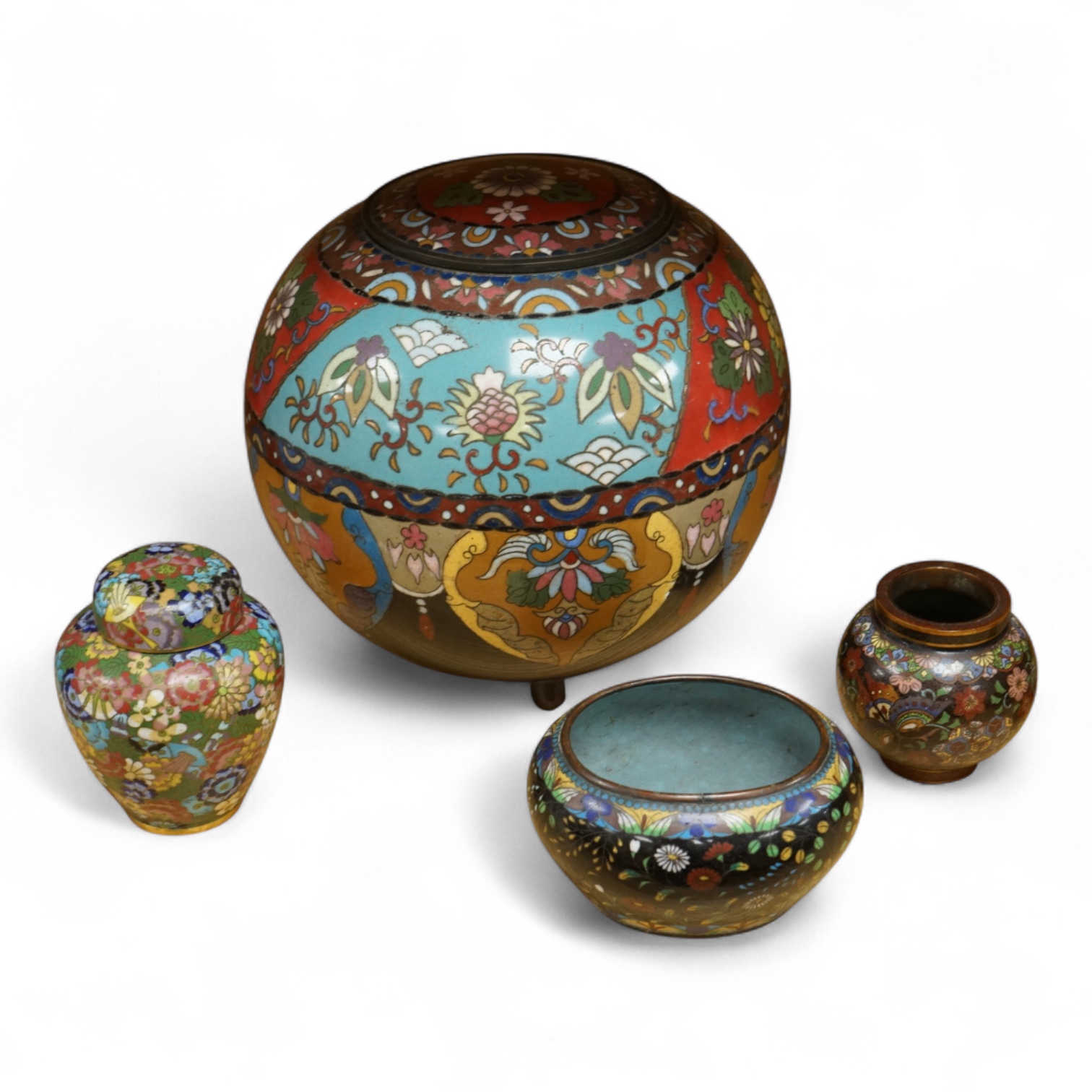 A large Japanese cloisonné enamel globular Koro and Cover, and three other pieces of cloisonné enamel, largest 211cm high